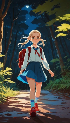 studio ghibli,forest walk,girl walking away,adventure game,tsumugi kotobuki k-on,alice,little red riding hood,darjeeling,in the forest,walk,stroll,forest path,game illustration,magical adventure,little girl in wind,alice in wonderland,trail,red riding hood,wander,walk in a park,Illustration,American Style,American Style 09