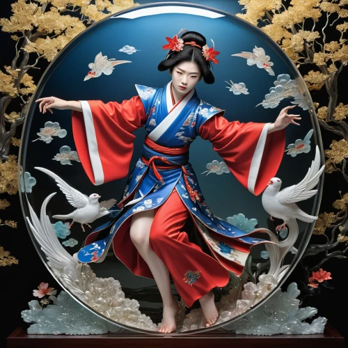 geisha girl,geisha,japanese art,oriental painting,peking opera,taiwanese opera,korean culture,chinese art,junshan yinzhen,republic of korea,oriental princess,korean history,japanese woman,japanese culture,jeongol,south korea,kitsune,nabemono,korea,taekkyeon,Illustration,Realistic Fantasy,Realistic Fantasy 02