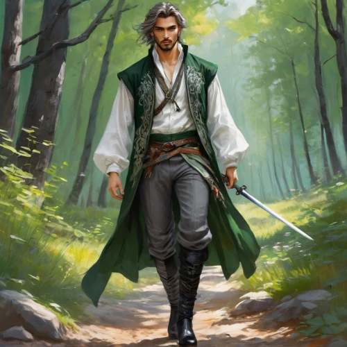 the wanderer,male elf,cg artwork,male character,farmer in the woods,green jacket,fantasy portrait,lando,htt pléthore,wanderer,robin hood,imperial coat,haighlander,forest man,heroic fantasy,solo,obi-wan kenobi,fantasy picture,jedi,swordsman,Illustration,Paper based,Paper Based 11