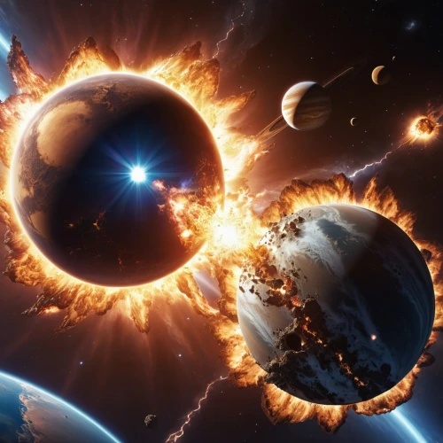 burning earth,fire planet,inner planets,exoplanet,space art,copernican world system,earth in focus,celestial bodies,planetary system,solar eruption,heliosphere,ring of fire,the end of the world,scorched earth,planet eart,exo-earth,solar flare,3-fold sun,end of the world,doomsday,Photography,General,Realistic