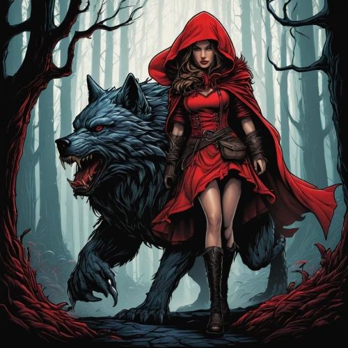 red riding hood,little red riding hood,red coat,scarlet witch,red cape,red wolf,huntress,red hood,red tunic,darth talon,the fur red,howling wolf,lady in red,blood hound,red dog,red lantern,wolf hunting,the enchantress,red super hero,queen of hearts,Illustration,Realistic Fantasy,Realistic Fantasy 25