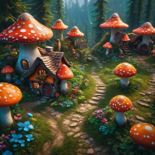 mushroom landscape,fairy village,mushroom island,fairy forest,fairy house,forest mushrooms,fairytale forest,toadstools,scandia gnomes,fairy world,mushrooms,house in the forest,gnomes,elven forest,cartoon forest,gnomes at table,alpine village,forest mushroom,druid grove,fantasy landscape,Photography,General,Fantasy
