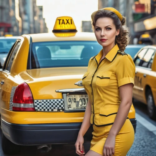 new york taxi,yellow taxi,taxi cab,cab driver,yellow cab,taxicabs,taxi sign,taxi,cabs,taxi stand,yellow car,buick y-job,retro woman,stewardess,volvo amazon,car service,cab,retro women,girl and car,retro pin up girl,Photography,General,Realistic