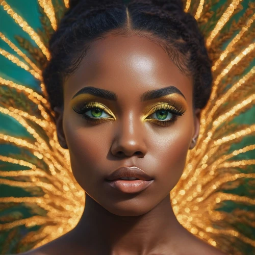 golden crown,tiana,radiance,golden eyes,cleopatra,nigeria woman,african american woman,peacock,gold crown,tropical greens,peacock eye,sun of jamaica,beautiful african american women,mystical portrait of a girl,fantasy portrait,gold filigree,fairy peacock,gold eyes,bird of paradise,golden wreath,Photography,General,Commercial