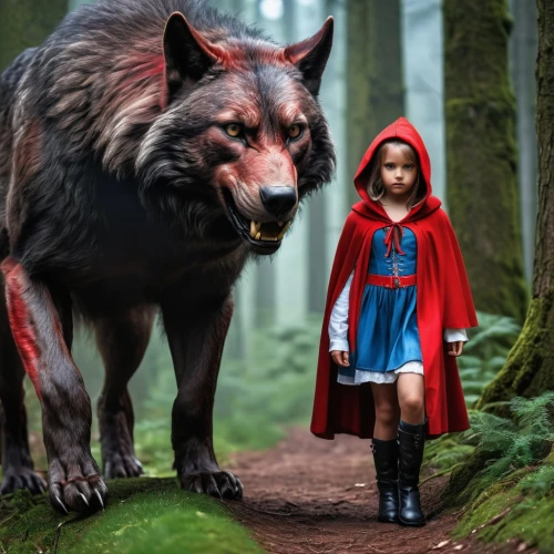 little red riding hood,red riding hood,red wolf,red coat,child fox,fantasy picture,photomanipulation,photoshop manipulation,two wolves,children's fairy tale,photo manipulation,european wolf,digital compositing,red cape,wolf,girl with dog,fairy tale character,fairytale characters,wolves,fairy tale,Photography,General,Realistic