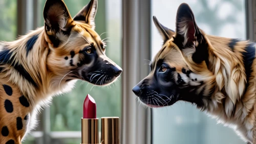 malinois and border collie,mirror reflection,mirror image,african wild dog,german shepards,doll looking in mirror,color dogs,two dogs,anthropomorphized animals,canines,mirrored,cheetahs,self-reflection,animal faces,exotic animals,reflected,animals play dress-up,reflection,in the mirror,face to face,Photography,General,Natural