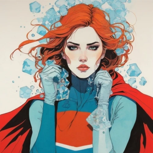 scarlet witch,super heroine,head woman,caped,transistor,fantasy woman,red hood,red super hero,super woman,wanda,mystique,cool pop art,red cape,cover,ice queen,rosella,the snow queen,cap,popart,red-blue