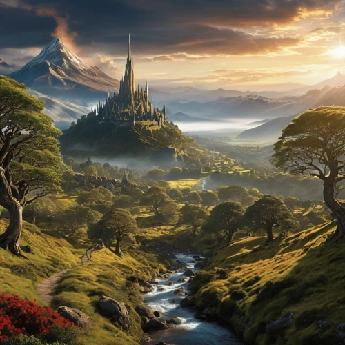 fantasy landscape,fantasy picture,jrr tolkien,heroic fantasy,fantasy art,fairy tale castle,fantasy world,3d fantasy,world digital painting,landscape background,hogwarts,elven forest,castle of the corvin,fairytale castle,northrend,hobbiton,knight's castle,mountainous landscape,mountain landscape,the valley of the,Photography,General,Realistic