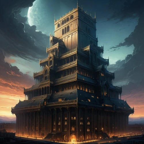 tower of babel,gold castle,ancient house,castle of the corvin,ancient city,ghost castle,watchtower,the skyscraper,fortress,russian pyramid,peter-pavel's fortress,citadel,knight's castle,skyscraper,sci fiction illustration,panopticon,witch house,fantasy city,cube house,press castle,Conceptual Art,Fantasy,Fantasy 17