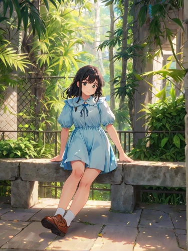 euphonium,park bench,sitting on a chair,sitting,bench,girl sitting,garden bench,llenn,honolulu,outdoor bench,garden swing,mako,himuto,country dress,miku maekawa,torii,spring background,studio ghibli,springtime background,maimi fl,Anime,Anime,Traditional