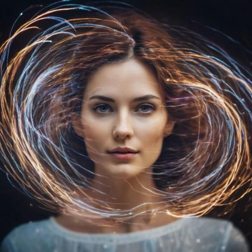 mystical portrait of a girl,fairy peacock,steel wool,vortex,aura,electrified,artificial hair integrations,hula,steelwool,whirling,burning hair,swirling,the enchantress,exploding head,peacock,drawing with light,light painting,katniss,electron,electric,Photography,Artistic Photography,Artistic Photography 04