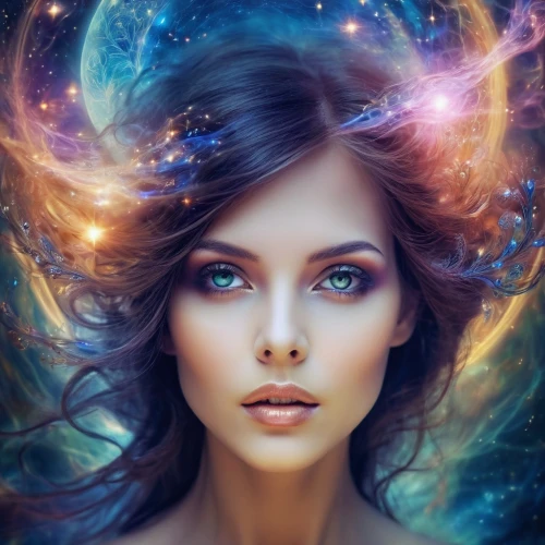 mystical portrait of a girl,fantasy portrait,fantasy art,faery,faerie,fantasy picture,fantasy woman,cosmic eye,fairy galaxy,world digital painting,romantic portrait,sci fiction illustration,the enchantress,astral traveler,women's eyes,portrait background,celestial,andromeda,self hypnosis,sorceress,Illustration,Realistic Fantasy,Realistic Fantasy 37