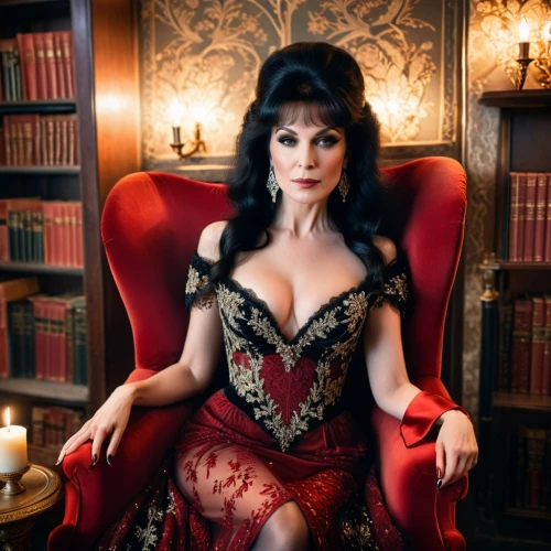 victorian lady,queen of hearts,victorian style,burlesque,the victorian era,celtic queen,venetia,cleopatra,gothic portrait,victorian,catrina calavera,queen anne,old elisabeth,joan collins-hollywood,royal lace,victorian fashion,dita,lady of the night,red gown,vampire lady,Photography,General,Cinematic