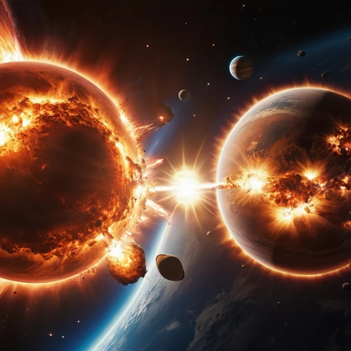 binary system,asteroids,fire planet,inner planets,burning earth,celestial bodies,exoplanet,planetary system,copernican world system,space art,solar eruption,ring of fire,explosion destroy,doomsday,explosions,v838 monocerotis,planets,explosion,the end of the world,armageddon,Photography,General,Realistic
