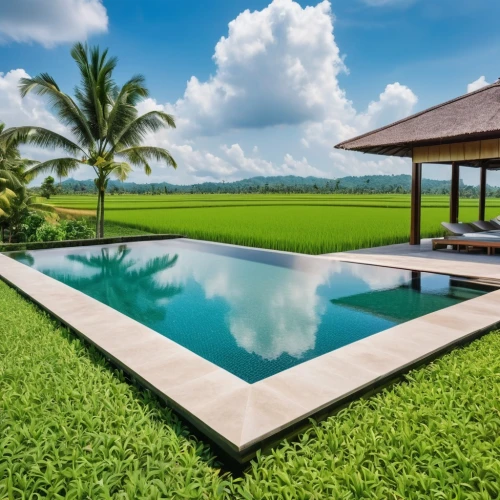 paddy field,holiday villa,grass roof,infinity swimming pool,roof landscape,artificial grass,outdoor pool,the rice field,rice paddies,ubud,ricefield,rice fields,rice field,bali,home landscape,feng shui golf course,turf roof,pool house,golf lawn,green lawn,Photography,General,Realistic
