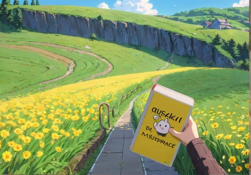 daffodil field,travel poster,yellow grass,blooming field,studio ghibli,field of rapeseeds,yellow wall,the valley of flowers,sunflower field,flower field,chamomile in wheat field,canola,rapeseed field,yellow garden,hokkaido,yamada's rice fields,dandelion field,spring background,guide book,yellow background,Anime,Anime,Traditional