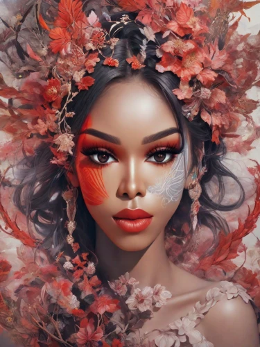 geisha,geisha girl,fantasy portrait,flower fairy,japanese floral background,blooming wreath,red magnolia,wreath of flowers,girl in a wreath,blossom,floral background,rose wreath,flora,fire flower,flower girl,blossoming,red sun,floral wreath,red petals,rose flower illustration