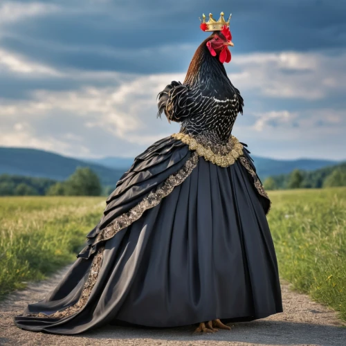 cockerel,portrait of a hen,animals play dress-up,crow queen,hoopskirt,miss circassian,haute couture,hen,the hen,domestic chicken,polish chicken,ball gown,hen limo,ring-necked pheasant,quinceañera,turkey hen,vintage rooster,landfowl,flamenco,evening dress,Photography,General,Realistic