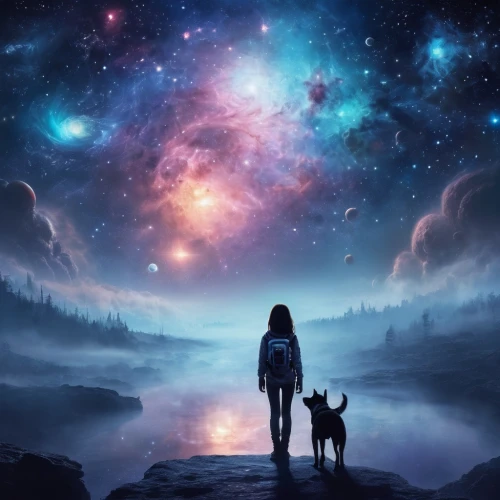 girl with dog,boy and dog,the universe,universe,fantasy picture,human and animal,constellation wolf,companion dog,astral traveler,celestial bodies,space art,the stars,the moon and the stars,travelers,inner space,my dog and i,star sky,scene cosmic,dog and cat,star sign,Conceptual Art,Sci-Fi,Sci-Fi 30