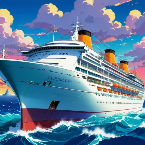 ocean liner,sea fantasy,troopship,cruise ship,passenger ship,star line art,ship travel,the ship,sailing blue yellow,ship releases,ship,caravel,queen mary 2,victory ship,cruise,digging ship,ship of the line,ss rotterdam,voyage,shipping industry,Illustration,Japanese style,Japanese Style 03