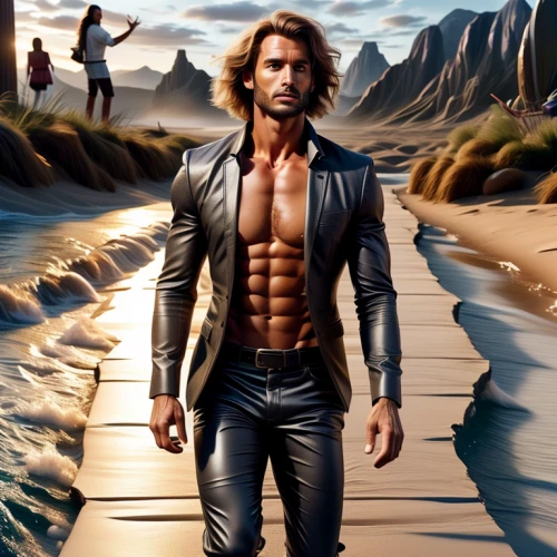 male model,desert background,sci fiction illustration,male character,admer dune,man at the sea,greek god,cave man,bodhi,dune sea,dune landscape,fantasy art,fantasy picture,the wanderer,male elf,dune,daemon,digital compositing,cg artwork,beach background