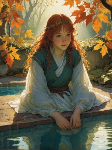 merida,woman at the well,idyll,autumn idyll,rusalka,girl on the river,the autumn,autumn icon,in the autumn,light of autumn,fantasy portrait,girl in the garden,water nymph,rosa ' amber cover,water-the sword lily,fable,fae,one autumn afternoon,autumn light,mystical portrait of a girl,Illustration,Realistic Fantasy,Realistic Fantasy 04