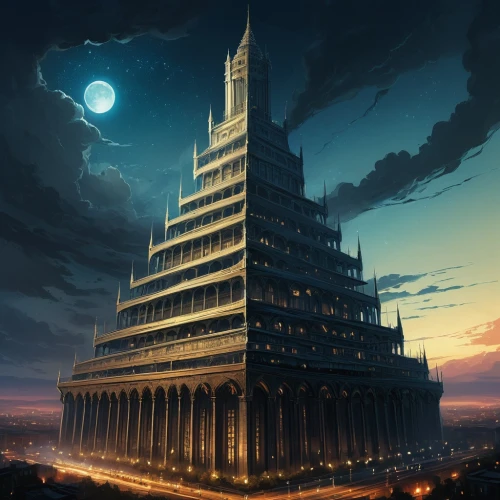 tower of babel,castle of the corvin,russian pyramid,the skyscraper,ancient city,mortuary temple,gold castle,watchtower,renaissance tower,skyscraper,capitol,witch house,ancient house,monolith,ghost castle,stone tower,citadel,templedrom,fantasy city,obelisk,Conceptual Art,Fantasy,Fantasy 17
