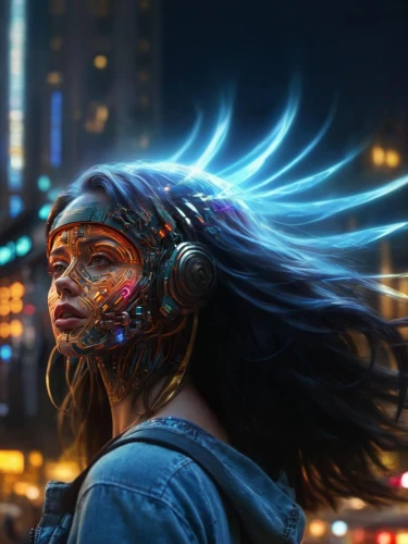 cyberpunk,cyborg,avatar,light mask,sci fiction illustration,electro,world digital painting,streampunk,cybernetics,echo,shaman,head woman,photo manipulation,fractalius,dystopian,dystopia,sprint woman,drawing with light,astral traveler,photomanipulation