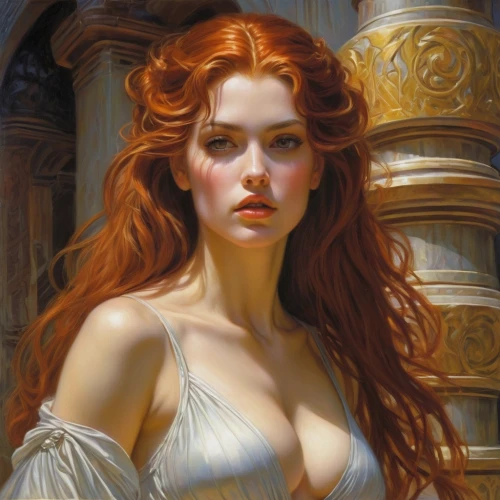fantasy portrait,redheads,fantasy woman,red-haired,rapunzel,young woman,sorceress,fantasy art,romantic portrait,venus,white lady,emile vernon,merida,golden haired,portrait of a girl,red head,della,orange robes,the enchantress,cybele,Illustration,Realistic Fantasy,Realistic Fantasy 03