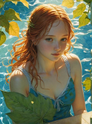 water nymph,the blonde in the river,merfolk,underwater background,swimmer,girl on the river,ariel,poison ivy,girl in the garden,mermaid,under the water,in water,rusalka,nami,submerged,little mermaid,underwater,redheads,fantasy portrait,red-haired,Illustration,Realistic Fantasy,Realistic Fantasy 04