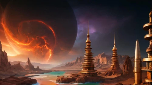 fire planet,fantasy landscape,burning earth,alien planet,portal,fantasy picture,scorched earth,alien world,pillar of fire,exoplanet,fantasy art,background image,buddhist hell,arcanum,fire background,ancient city,volcanic landscape,sci fiction illustration,planet eart,the ruins of the