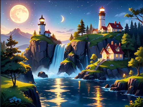 fantasy landscape,fantasy picture,cartoon video game background,landscape background,children's background,lighthouse,night scene,moonlit night,moon and star background,fairy tale castle,world digital painting,background images,fairytale castle,an island far away landscape,beautiful landscape,red lighthouse,monkey island,aurora village,fantasy art,magical adventure,Anime,Anime,Cartoon