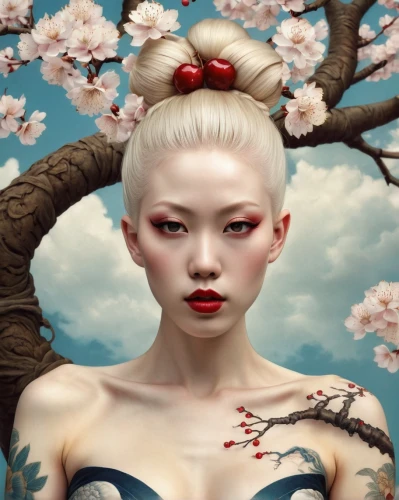 oriental princess,geisha girl,plum blossom,plum blossoms,oriental painting,oriental girl,chinese art,japanese floral background,geisha,magnolia blossom,japanese art,japanese cherry,oriental,chinese magnolia,fantasy portrait,magnolia,red magnolia,peach blossom,japanese cherry blossom,sacred lotus,Photography,General,Realistic