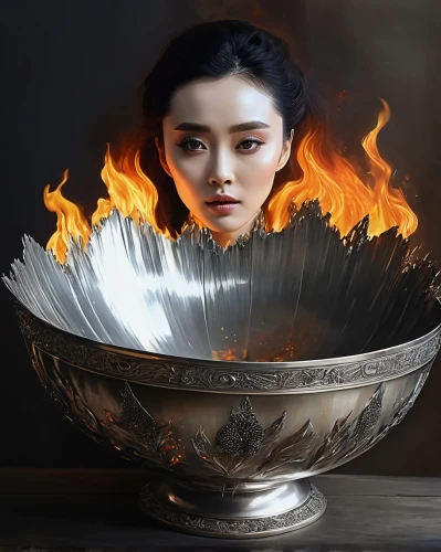 tureen,cauldron,korean royal court cuisine,tibetan bowl,fire bowl,chinese teacup,daegeum,serving bowl,korean culture,dak galbi,singing bowl,han thom,bowl of rice,flame spirit,steamed rice,a bowl,hwachae,fire siren,phuquy,dragon li,Conceptual Art,Fantasy,Fantasy 12