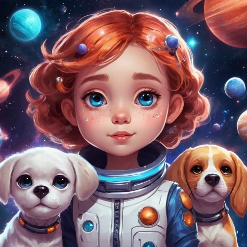 sci fiction illustration,space art,girl with dog,kids illustration,lost in space,cg artwork,astro,andromeda,astronomer,orion,astronaut,astronautics,cavapoo,star balloons,cosmonaut,children's background,fantasy portrait,game illustration,laika,cosmonautics day,Conceptual Art,Sci-Fi,Sci-Fi 30