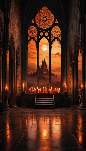 hall of the fallen,gothic architecture,hogwarts,candlelights,haunted cathedral,gothic church,nidaros cathedral,cathedral,notre dame,candlelight,mont saint michel,crypt,duomo,candle light,sanctuary,notre-dame,fantasy picture,stained glass windows,castle of the corvin,medieval architecture,Illustration,Realistic Fantasy,Realistic Fantasy 13