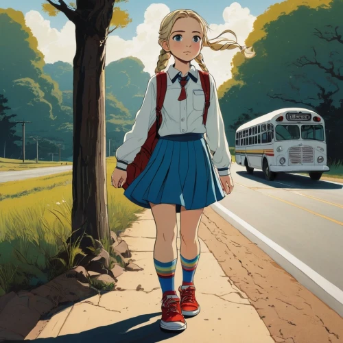 tsumugi kotobuki k-on,darjeeling,studio ghibli,anime japanese clothing,schoolgirl,bus stop,bus,school bus,the girl at the station,city trans,school skirt,busstop,wonder,girl in a long,pedestrian,schoolbus,girl in a historic way,a pedestrian,girl with bread-and-butter,blond girl,Illustration,American Style,American Style 09