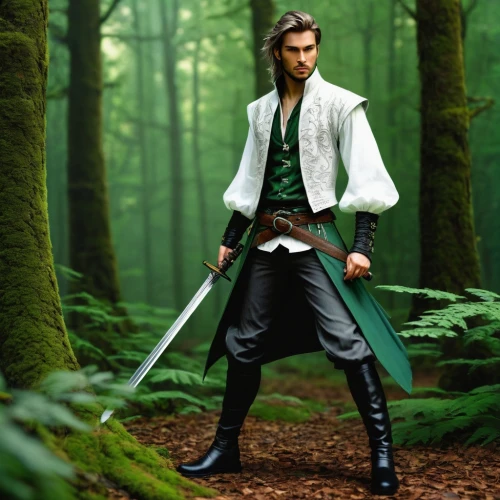 robin hood,imperial coat,male elf,martial arts uniform,swordsman,digital compositing,vax figure,heroic fantasy,forest man,luke skywalker,fantasy picture,ninjago,bodhi,jedi,star-lord peter jason quill,the wanderer,elven forest,quarterstaff,fir green,cg artwork,Conceptual Art,Daily,Daily 32