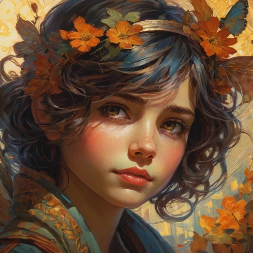 fantasy portrait,autumn icon,girl in a wreath,mystical portrait of a girl,autumn leaves,light of autumn,girl in flowers,vanessa (butterfly),girl portrait,autumn flower,golden autumn,autumn theme,rosa ' amber cover,autumn background,faerie,faery,autumn wreath,orange blossom,flower fairy,fall leaves,Conceptual Art,Fantasy,Fantasy 18