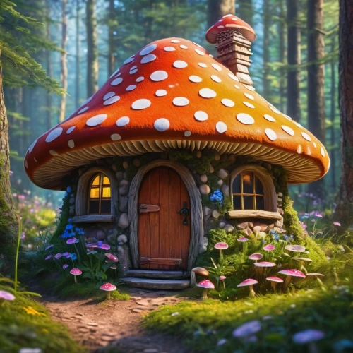 mushroom landscape,fairy house,fairy door,house in the forest,mushroom island,forest mushroom,toadstool,little house,fairy village,round hut,small cabin,toadstools,fairy forest,fairytale forest,fairy chimney,the little girl's room,mushroom hat,small house,club mushroom,summer cottage,Photography,General,Fantasy