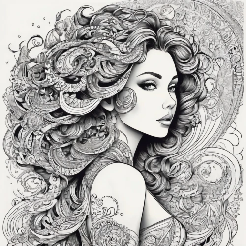 boho art,tattoo girl,medusa,the zodiac sign pisces,pencil drawings,zodiac sign gemini,zodiac sign libra,line-art,pencil art,aphrodite,gorgon,line art,gypsy hair,ballpoint pen,fantasy portrait,zodiac sign leo,siren,hand-drawn illustration,handdrawn,fashion illustration,Illustration,Black and White,Black and White 05