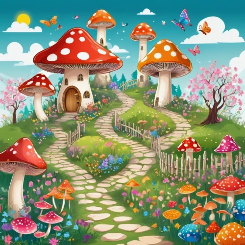 mushroom landscape,fairy village,fairy forest,mushroom island,toadstools,fairy world,children's background,mushrooming,lingzhi mushroom,toadstool,cartoon forest,enchanted forest,mushrooms,wonderland,fairytale forest,edible mushroom,edible mushrooms,clove garden,mushroom type,fairy house,Unique,Design,Infographics
