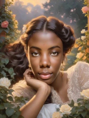 fantasy portrait,romantic portrait,mystical portrait of a girl,african american woman,portrait background,beautiful african american women,digital painting,tiana,world digital painting,vintage angel,vintage female portrait,a beautiful jasmine,rosa 'the fairy,girl in a wreath,portrait of a girl,young lady,jasmine bush,young woman,flower girl,digital artwork