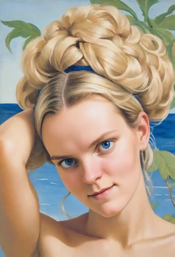 surfer hair,blonde woman,the blonde in the river,malibu,natural cosmetic,water nymph,the sea maid,marylyn monroe - female,cg,bouffant,blond girl,pin-up girl,hula,blue hawaii,capri,magnolia,pixie-bob,the girl's face,aphrodite,siren,Digital Art,Classicism