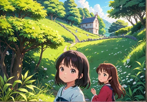 studio ghibli,azusa nakano k-on,yui hirasawa k-on,tsumugi kotobuki k-on,hiyayakko,euphonium,girl and boy outdoor,himuto,yamada's rice fields,shirakami-sanchi,hokkaido,idyllic,walk in a park,aomoriya,anime cartoon,lily of the field,my neighbor totoro,blooming field,two girls,aonori,Anime,Anime,Traditional