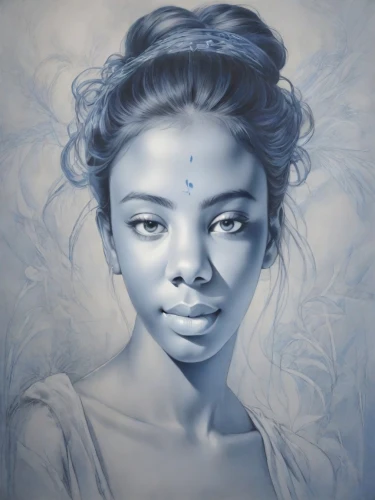 oil painting on canvas,mystical portrait of a girl,fantasy portrait,blue painting,oil on canvas,oil painting,water nymph,yogananda,girl portrait,silvery blue,jasmine blue,portrait of a girl,art painting,chalk drawing,african woman,jaya,the snow queen,african american woman,young woman,indigo