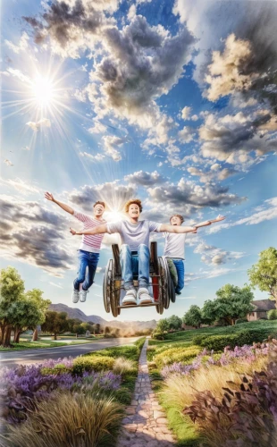 flying dandelions,flying seeds,ascension,flying seed,floating wheelchair,kite buggy,b3d,quadrocopter,happy children playing in the forest,springform pan,air,children's background,photoshop manipulation,tractor,photo manipulation,farm tractor,360 °,trampoline,fairies aloft,cart transparent