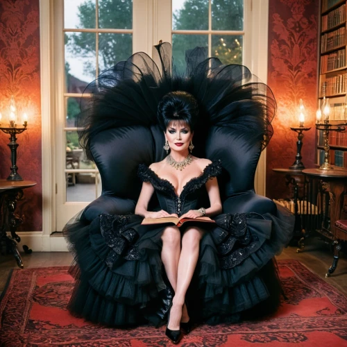 vanity fair,the gramophone,black swan,armchair,wing chair,gothic portrait,burlesque,the victorian era,cruella de ville,black angel,librarian,gramophone record,crinoline,queen of the night,book,queen of hearts,reading,gothic fashion,athenaeum,victorian lady,Photography,General,Cinematic