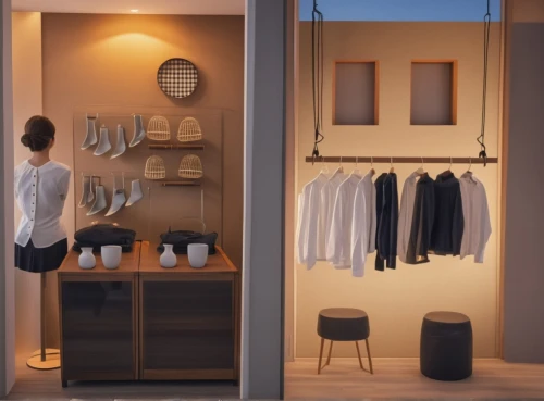 walk-in closet,wardrobe,garment racks,shop-window,display window,women's closet,laundry shop,closet,product display,storefront,shopwindow,room divider,vitrine,boutique,storage cabinet,mannequin silhouettes,store window,changing room,kitchen shop,showroom,Photography,General,Realistic