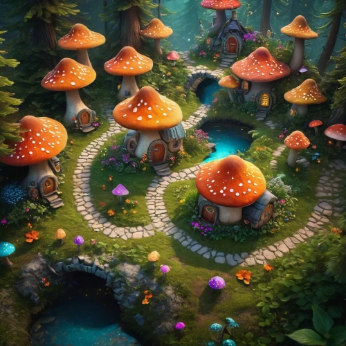 mushroom landscape,mushroom island,fairy forest,fairy village,toadstools,fairy world,forest mushrooms,forest mushroom,mushrooms,fairytale forest,cartoon forest,elven forest,tiny world,toadstool,forest floor,enchanted forest,forest glade,mushroom type,club mushroom,fungi,Photography,General,Fantasy